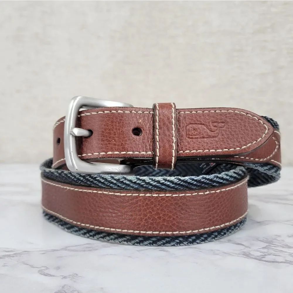 Vineyard Vines Navy Blue Denim Cotton Chevron Webbing Leather Belt Silver Buckle